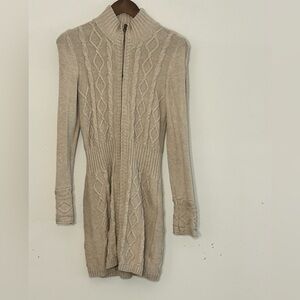 AKINI Beige Cable Knit Zip Cardigan Sweater Coat Medium Long Cozy